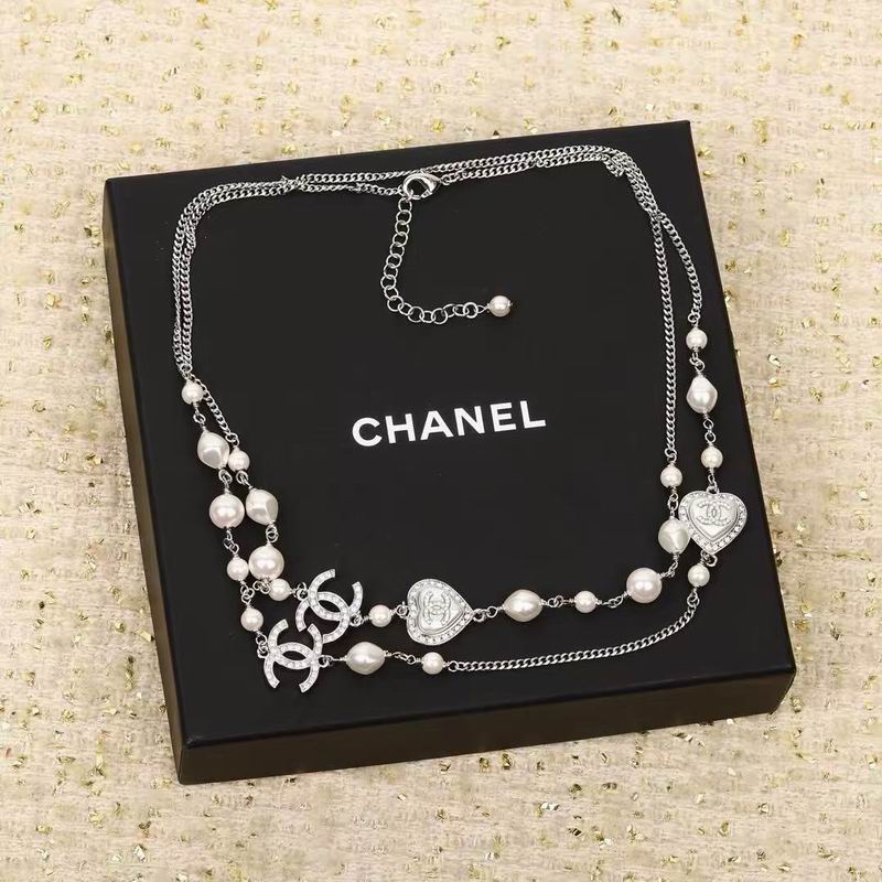 Chanel Pearl-Accented Double-Strand Chain Necklace with Interlocking C Details
