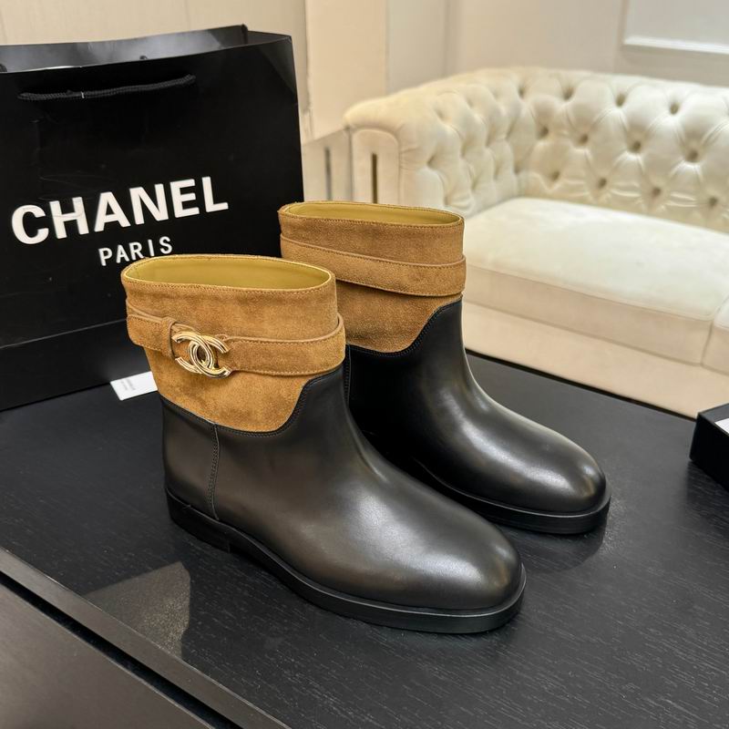 Chanel Black Leather Ankle Boots with Tan Suede Cuff