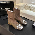 Chanel Taupe Quilted Ankle Boots with White Interlocking-C Detail