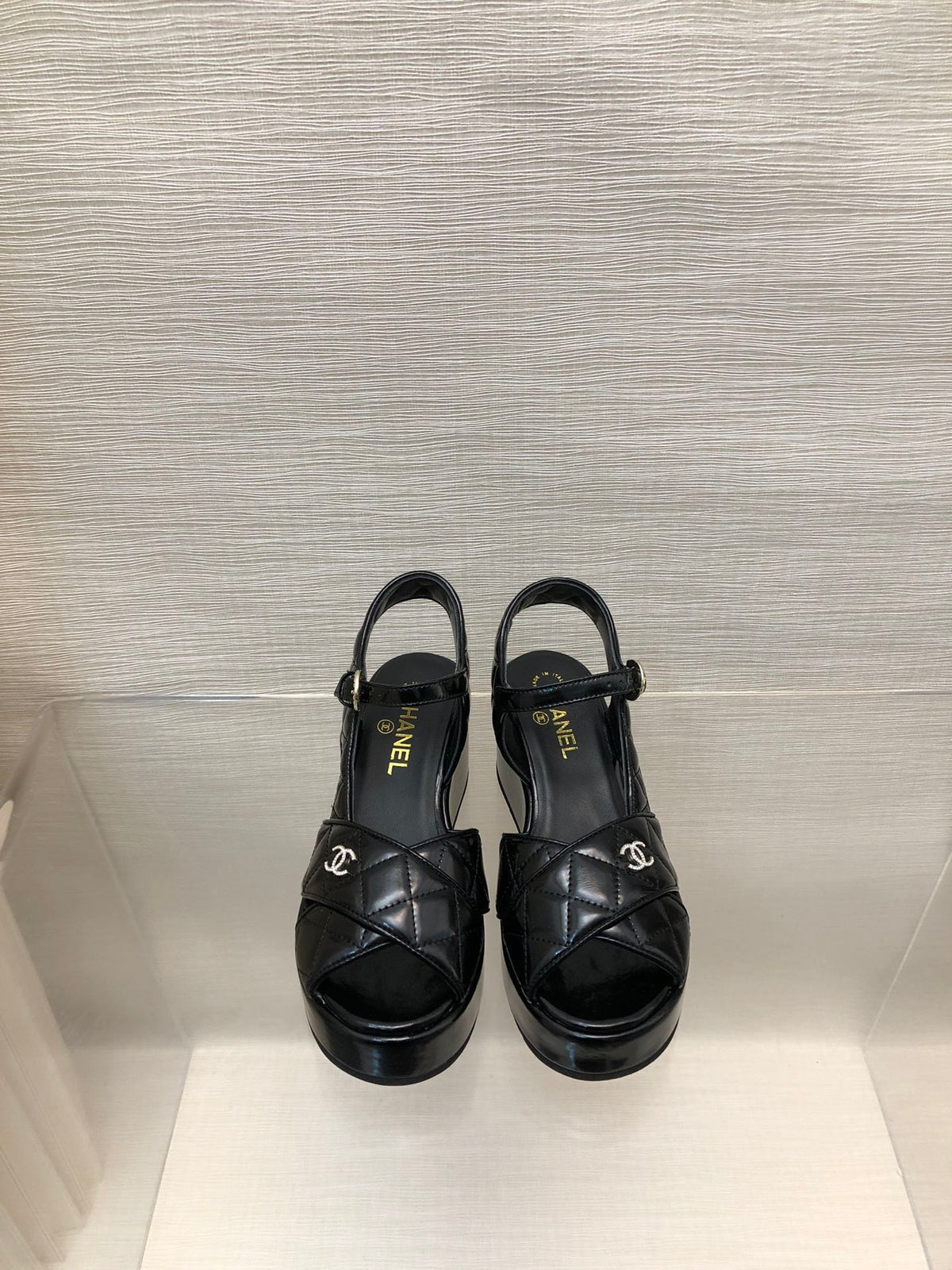 CHANEL WEDGE SANDALS IN BLACK CALFSKIN