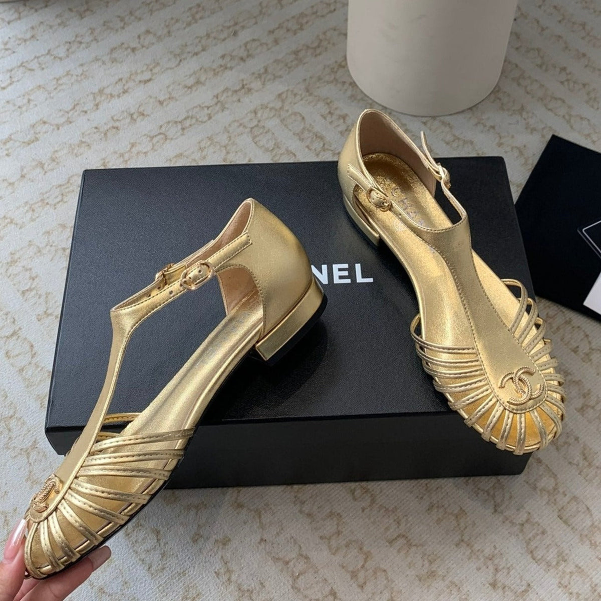 CHANEL Summer New Hollow Roman Sandals Gold Sheepskin