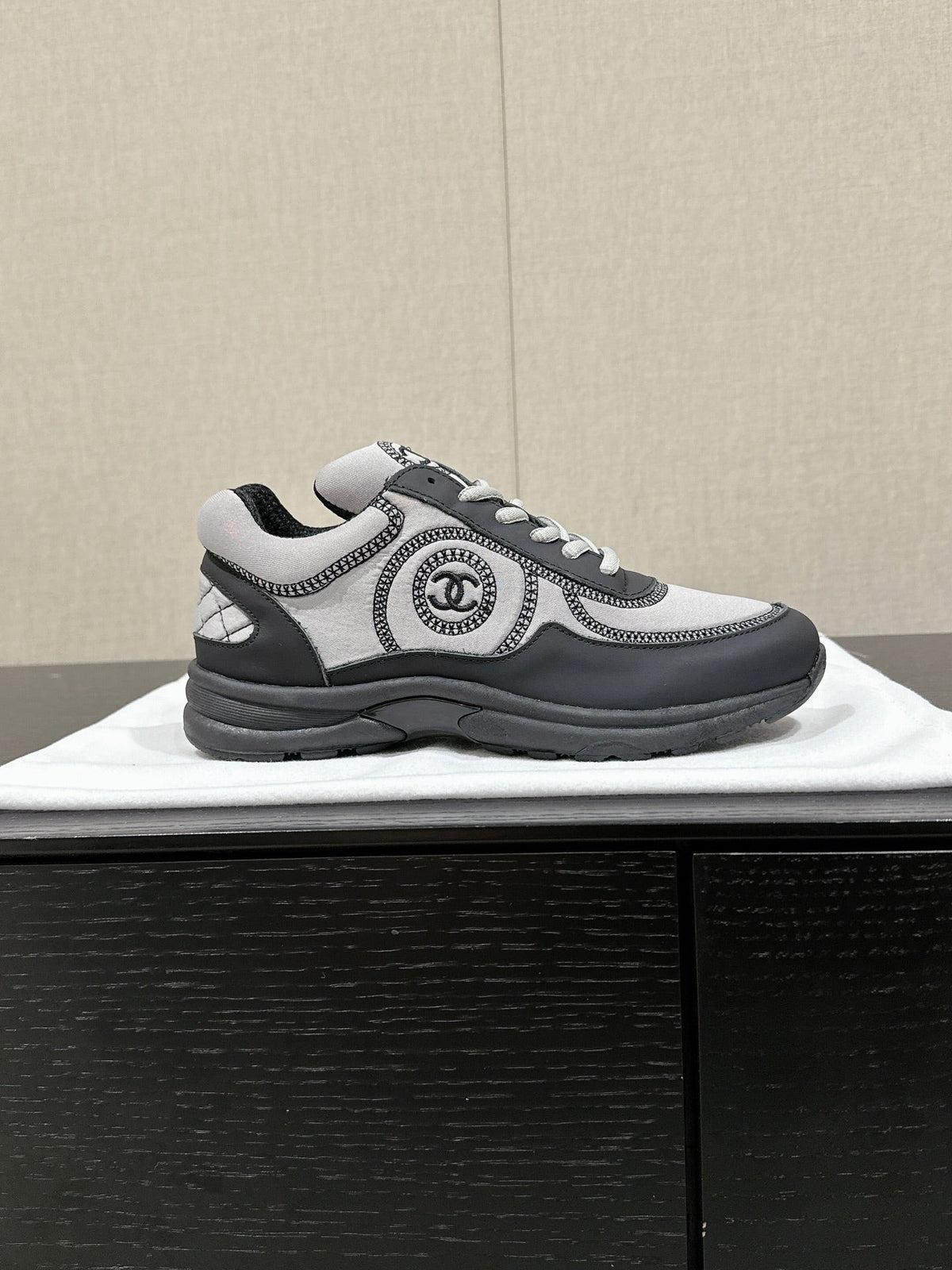 CHANEL CLASSIC TRAINER IN GREY MIX BLACK FABRIC