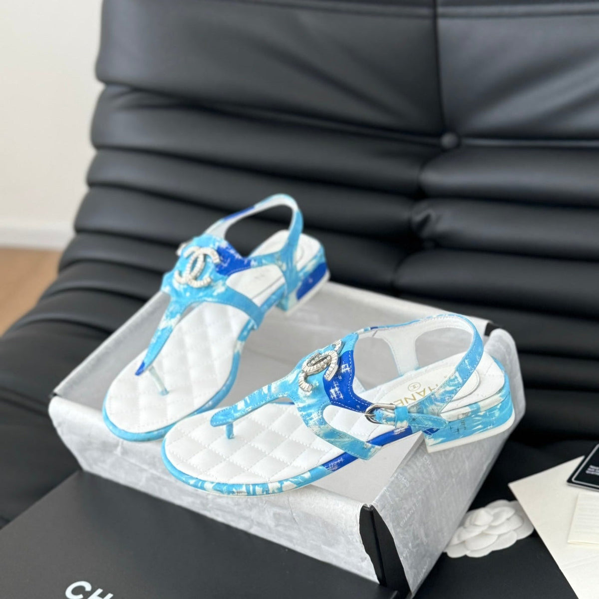 CHANEL Double C Classic One-Strap Sandals White Sky Blue Lambskin