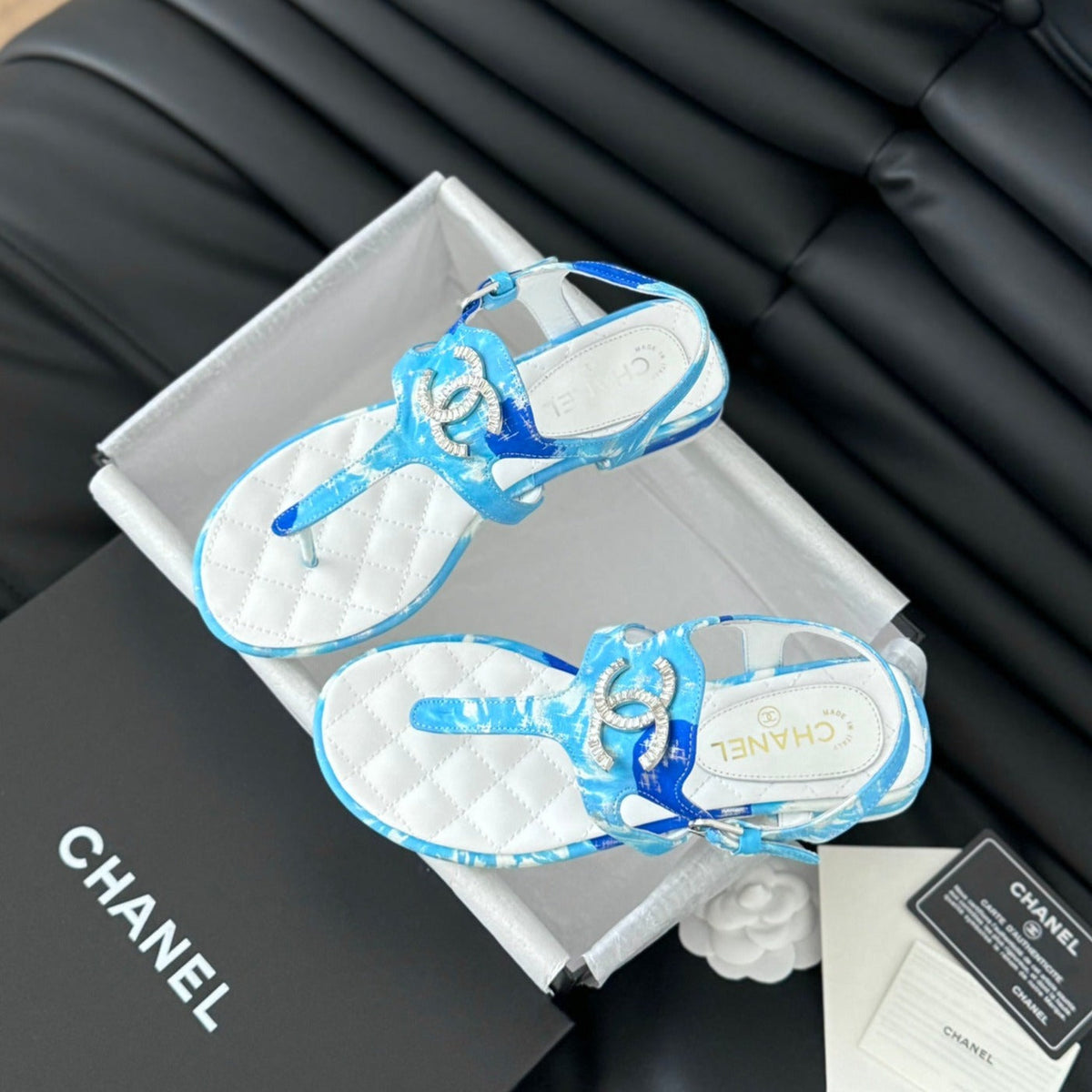 CHANEL Double C Classic One-Strap Sandals White Sky Blue Lambskin
