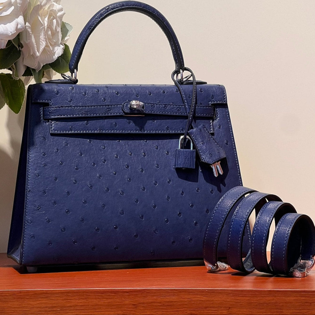 HERMES KELLY SELLIER 25 BAG IN NAVY BLUE OSTRICH LEATHER WITH SILVER HARDWARE